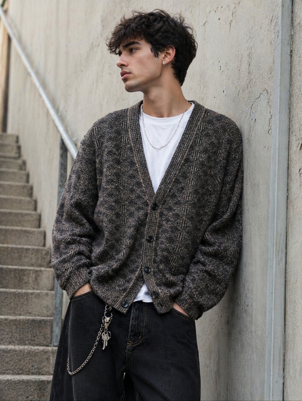 Vintage Leo Chevalier Design V Neck Cardigan Size M Button Up Sweater 90s